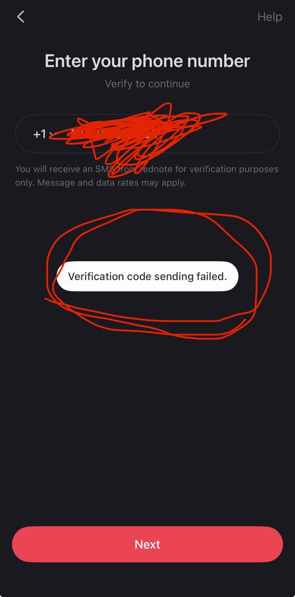 I can’t verify my phone number when signing in for Rednote
