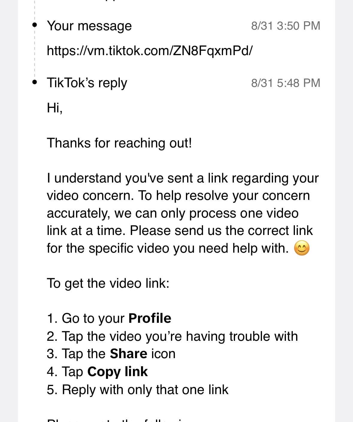 TikTok support glitch - anybody know how to fix?