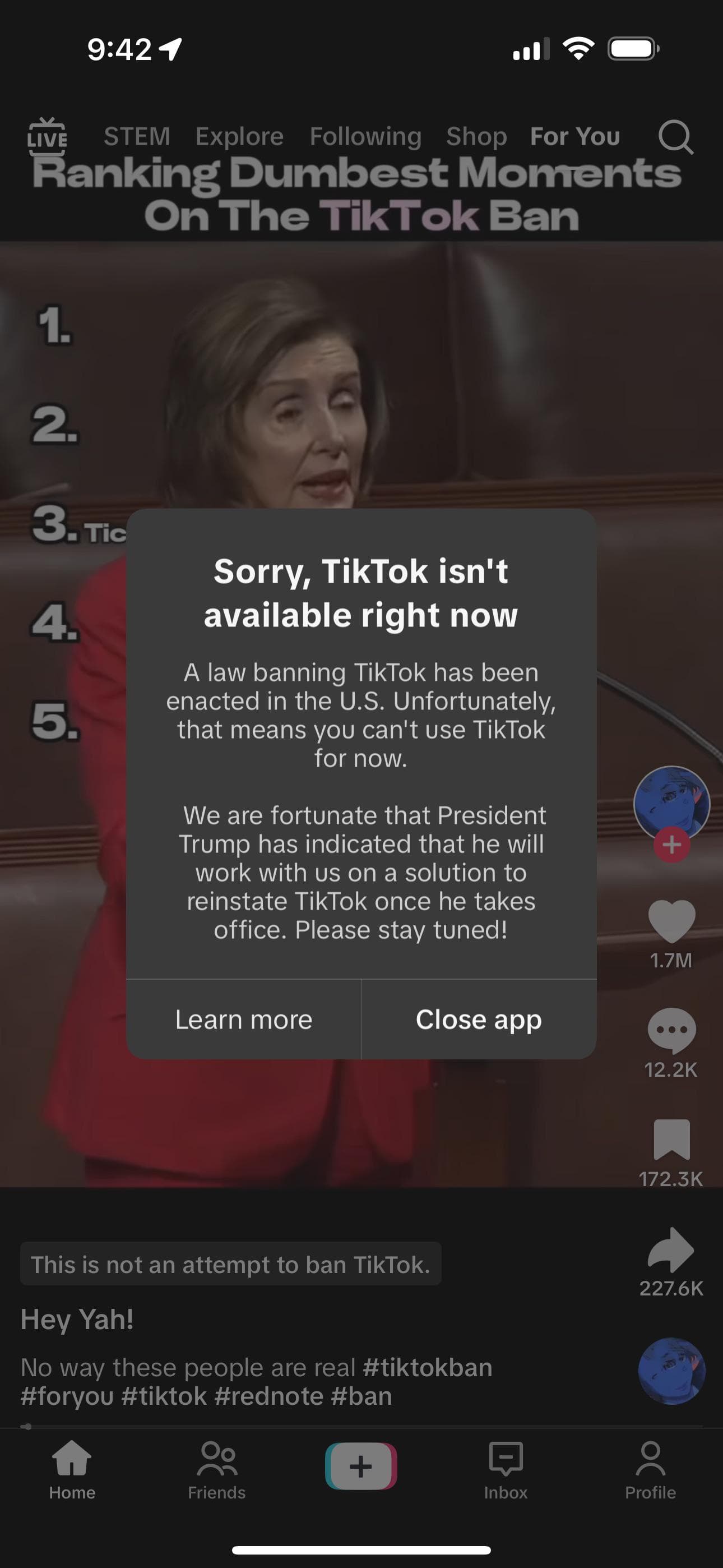 Idk if I should be sad about the ban or laughing because of the video behind the message