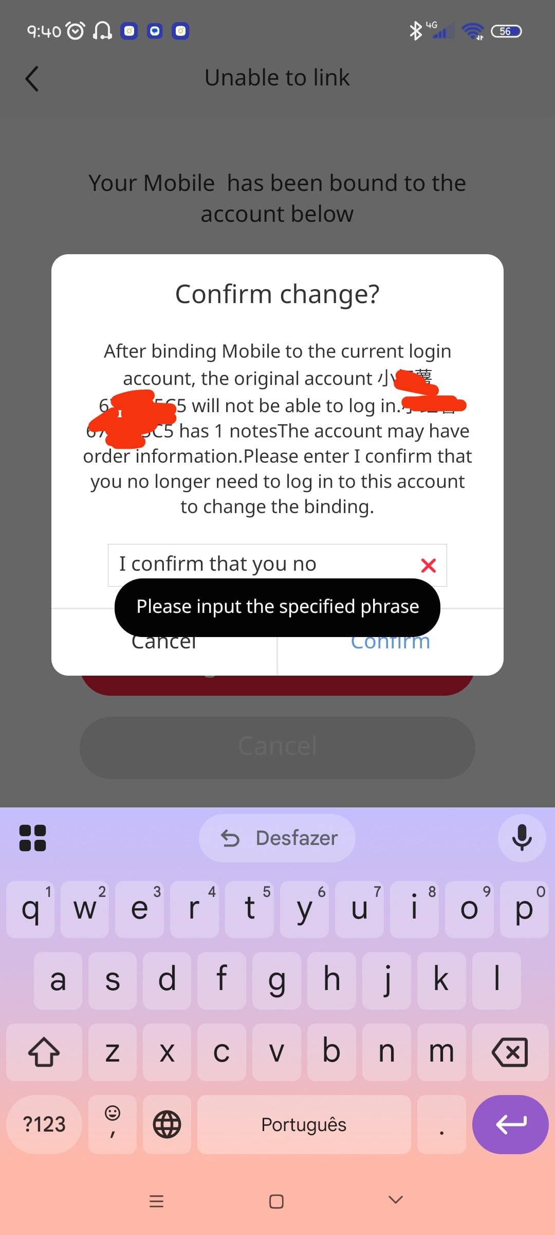 Error adding phone number to the new account