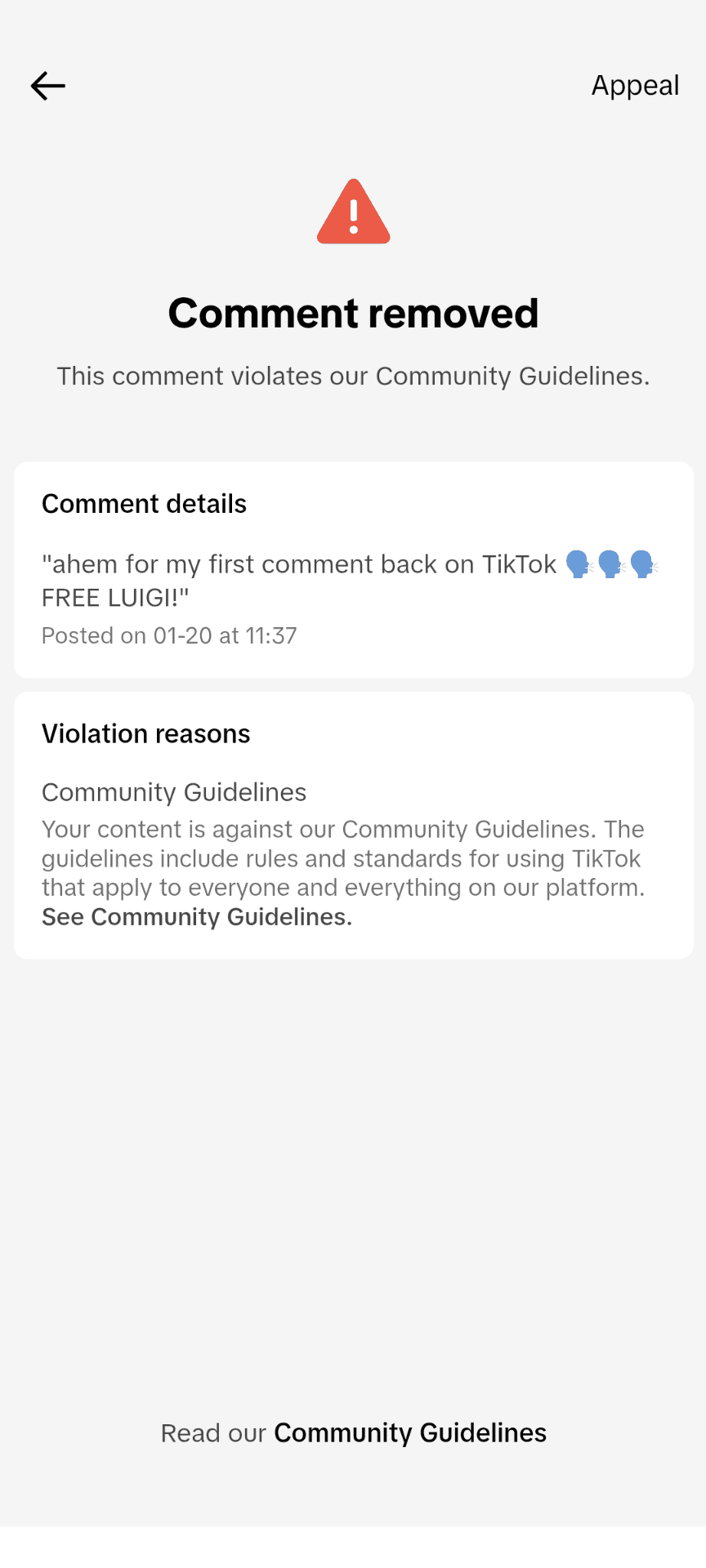 My first community violation in the 3 years I had been on the app