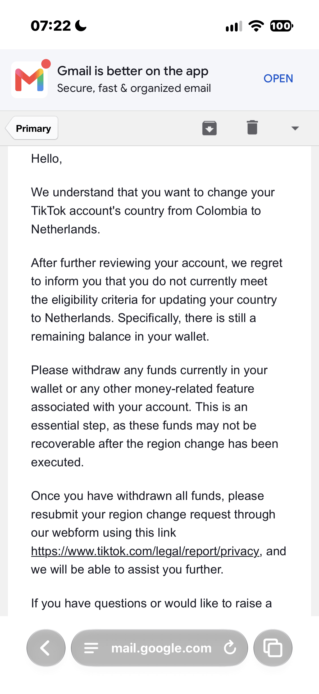 Cant change account region